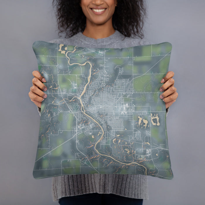 Person holding 18x18 Custom Fort Dodge Iowa Map Throw Pillow in Afternoon