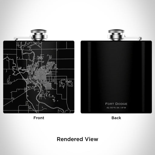 Rendered View of Fort Dodge Iowa Map Engraving on 6oz Stainless Steel Flask in Black
