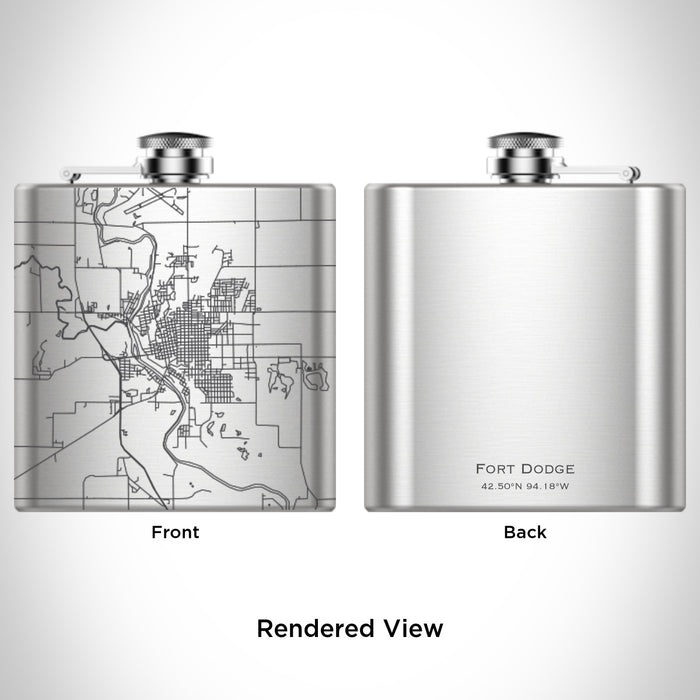 Rendered View of Fort Dodge Iowa Map Engraving on 6oz Stainless Steel Flask