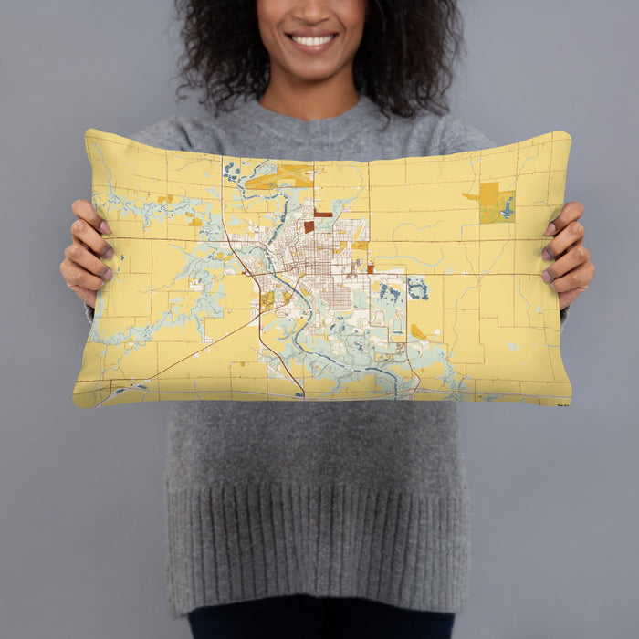 Person holding 20x12 Custom Fort Dodge Iowa Map Throw Pillow in Woodblock