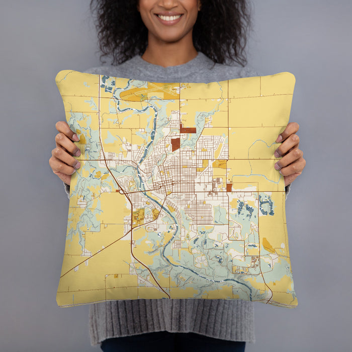Person holding 18x18 Custom Fort Dodge Iowa Map Throw Pillow in Woodblock