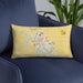 Custom Fort Dodge Iowa Map Throw Pillow in Woodblock on Blue Colored Chair