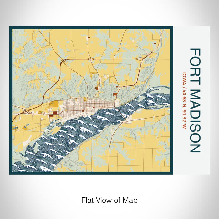 Rendered View of Fort Madison Iowa Map on 20oz Stainless Steel Insulated Bottle with Bamboo Top with printed woodblock style map