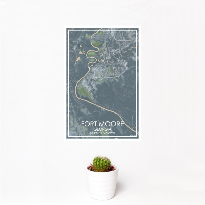 12x18 Fort Moore Georgia Map Print Portrait Orientation in Afternoon Style With Small Cactus Plant in White Planter