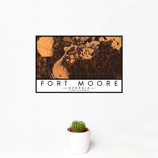 12x18 Fort Moore Georgia Map Print Landscape Orientation in Ember Style With Small Cactus Plant in White Planter