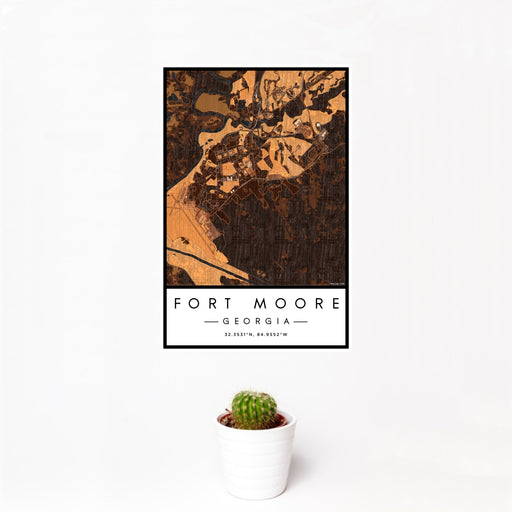12x18 Fort Moore Georgia Map Print Portrait Orientation in Ember Style With Small Cactus Plant in White Planter