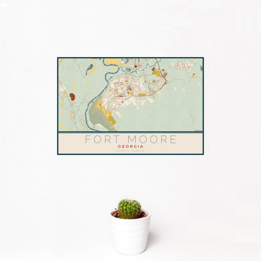 12x18 Fort Moore Georgia Map Print Landscape Orientation in Woodblock Style With Small Cactus Plant in White Planter