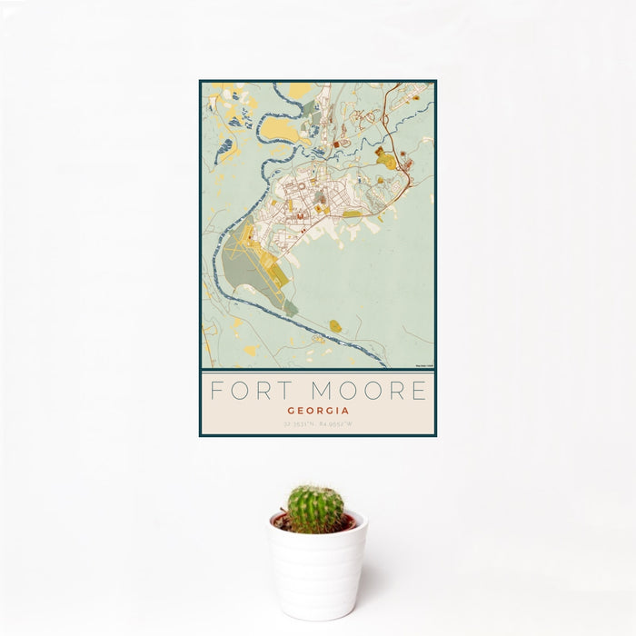 12x18 Fort Moore Georgia Map Print Portrait Orientation in Woodblock Style With Small Cactus Plant in White Planter