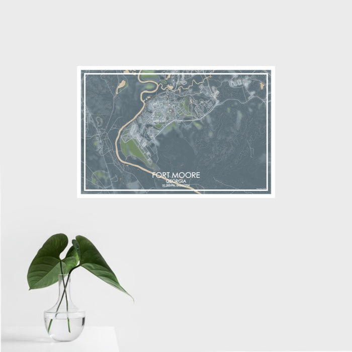 16x24 Fort Moore Georgia Map Print Landscape Orientation in Afternoon Style With Tropical Plant Leaves in Water