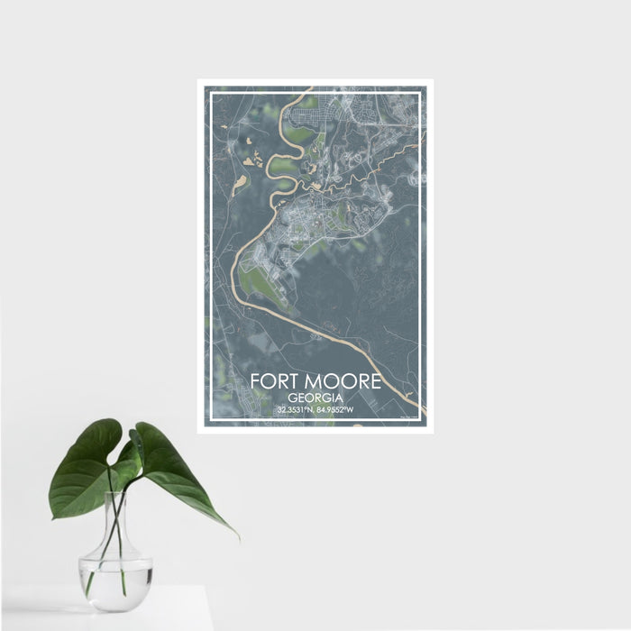 16x24 Fort Moore Georgia Map Print Portrait Orientation in Afternoon Style With Tropical Plant Leaves in Water