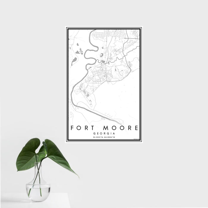 16x24 Fort Moore Georgia Map Print Portrait Orientation in Classic Style With Tropical Plant Leaves in Water