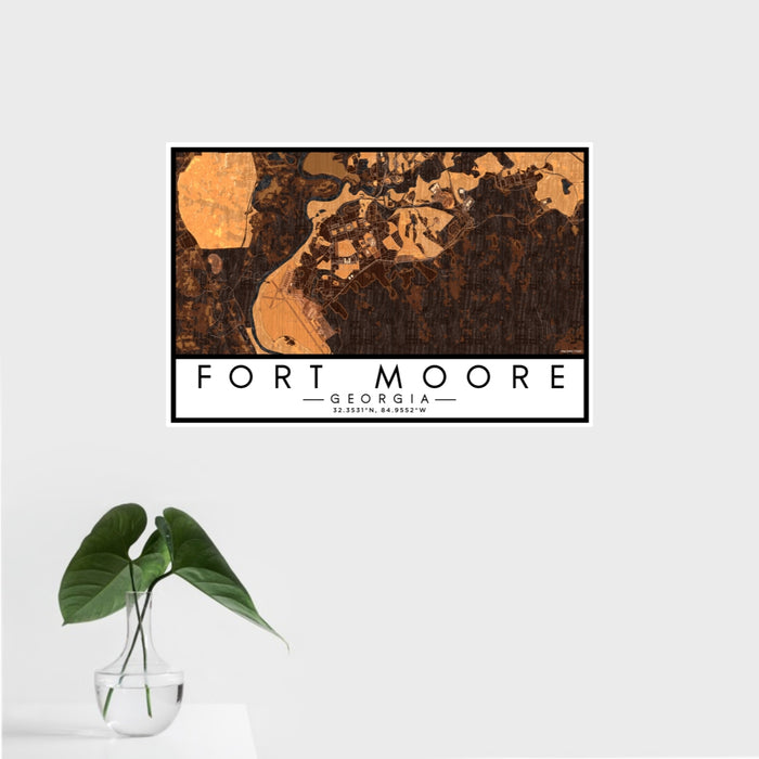 16x24 Fort Moore Georgia Map Print Landscape Orientation in Ember Style With Tropical Plant Leaves in Water