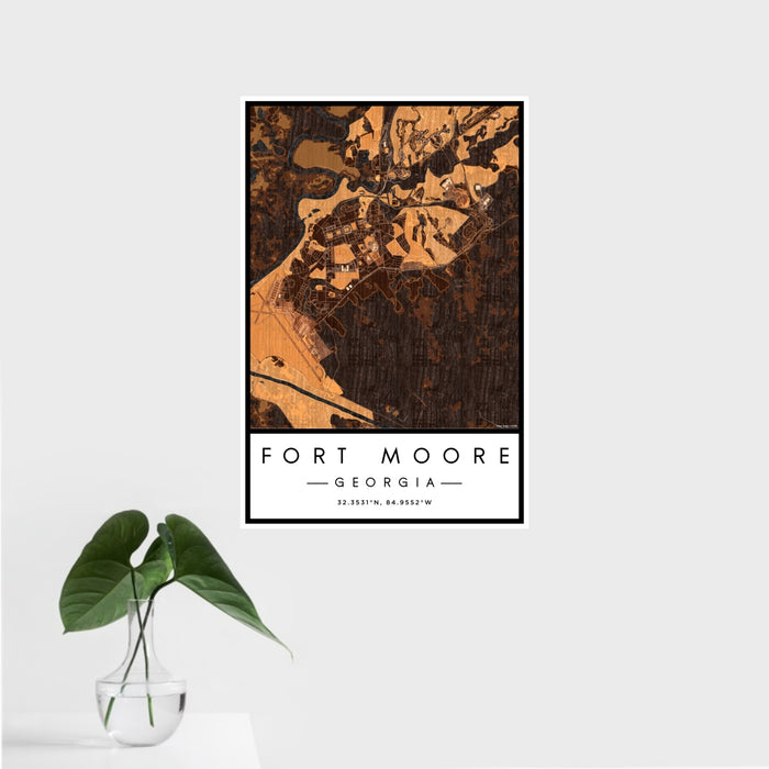 16x24 Fort Moore Georgia Map Print Portrait Orientation in Ember Style With Tropical Plant Leaves in Water