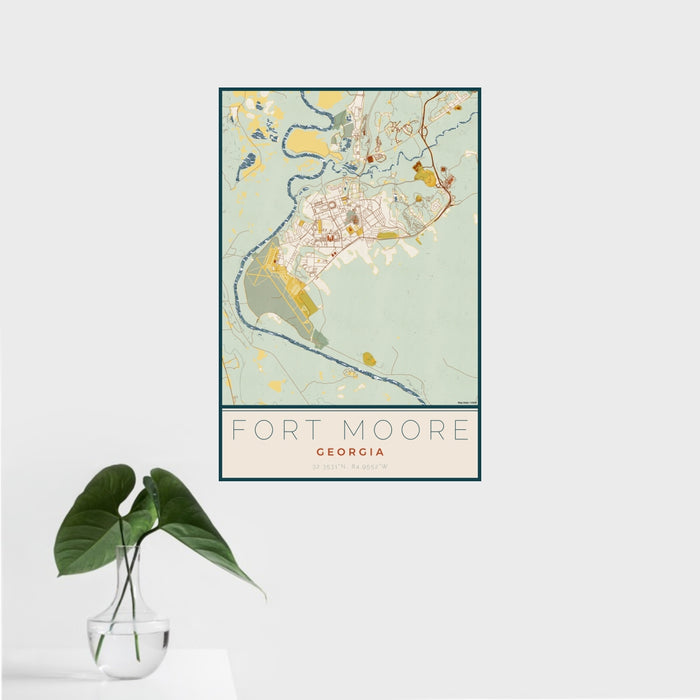 16x24 Fort Moore Georgia Map Print Portrait Orientation in Woodblock Style With Tropical Plant Leaves in Water