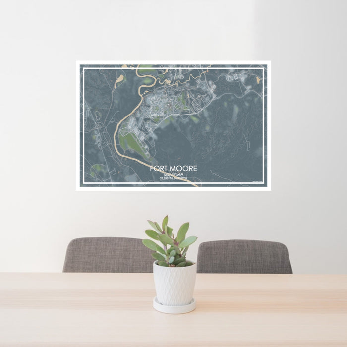 24x36 Fort Moore Georgia Map Print Lanscape Orientation in Afternoon Style Behind 2 Chairs Table and Potted Plant