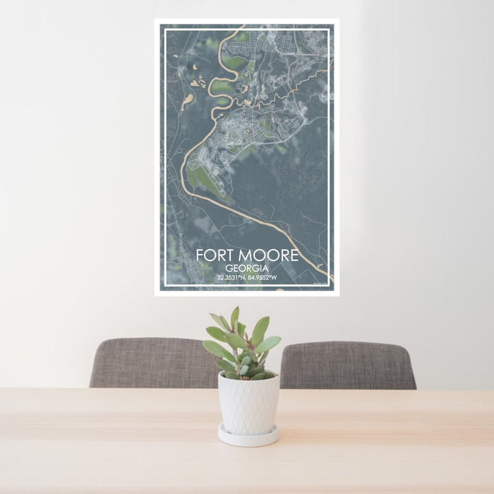24x36 Fort Moore Georgia Map Print Portrait Orientation in Afternoon Style Behind 2 Chairs Table and Potted Plant