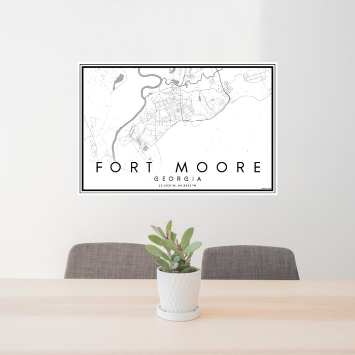 24x36 Fort Moore Georgia Map Print Lanscape Orientation in Classic Style Behind 2 Chairs Table and Potted Plant