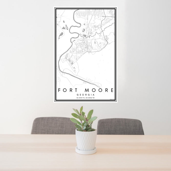 24x36 Fort Moore Georgia Map Print Portrait Orientation in Classic Style Behind 2 Chairs Table and Potted Plant