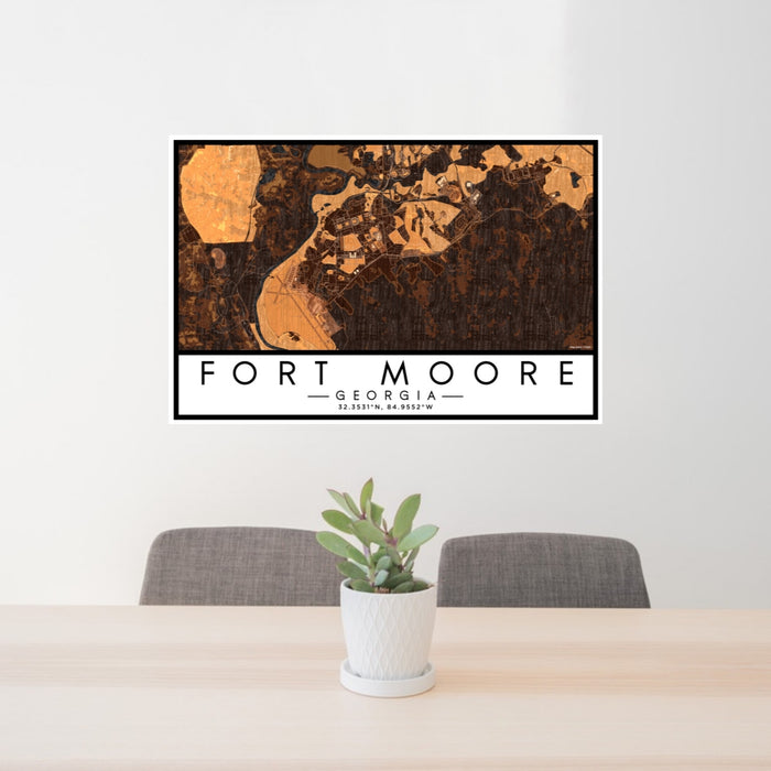 24x36 Fort Moore Georgia Map Print Lanscape Orientation in Ember Style Behind 2 Chairs Table and Potted Plant