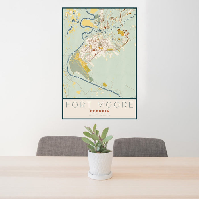 24x36 Fort Moore Georgia Map Print Portrait Orientation in Woodblock Style Behind 2 Chairs Table and Potted Plant
