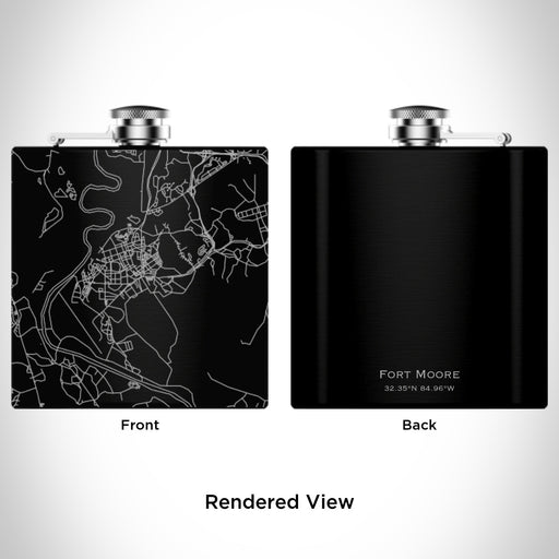 Rendered View of Fort Moore Georgia Map Engraving on 6oz Stainless Steel Flask in Black