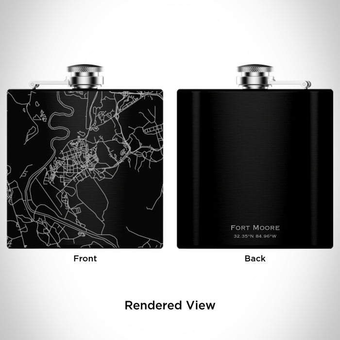 Rendered View of Fort Moore Georgia Map Engraving on 6oz Stainless Steel Flask in Black