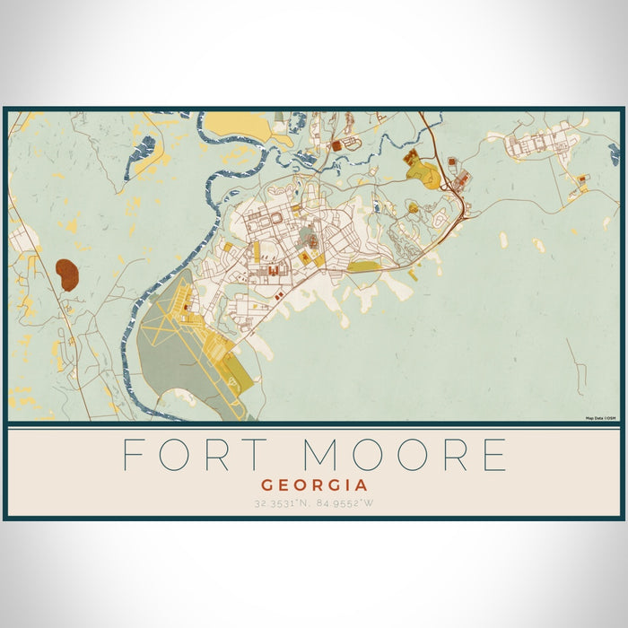 Fort Moore Georgia Map Print Landscape Orientation in Woodblock Style With Shaded Background