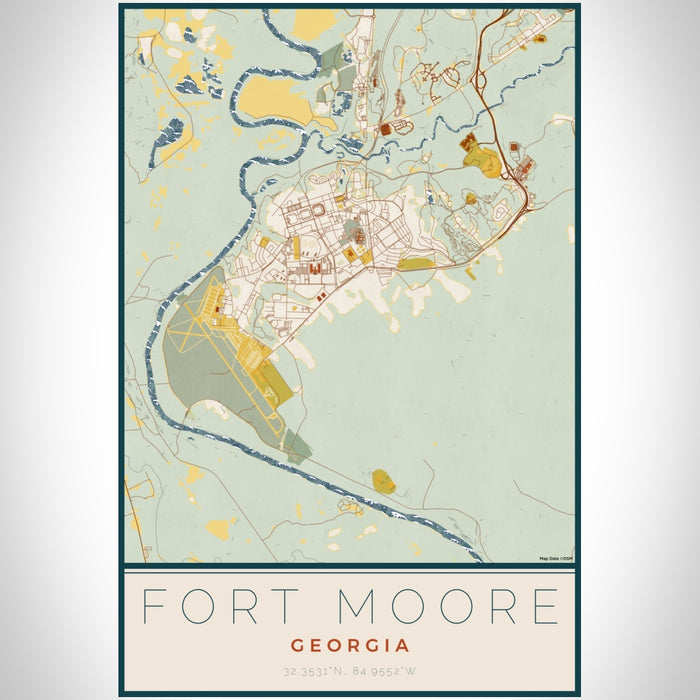 Fort Moore Georgia Map Print Portrait Orientation in Woodblock Style With Shaded Background