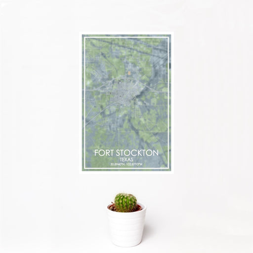 12x18 Fort Stockton Texas Map Print Portrait Orientation in Afternoon Style With Small Cactus Plant in White Planter
