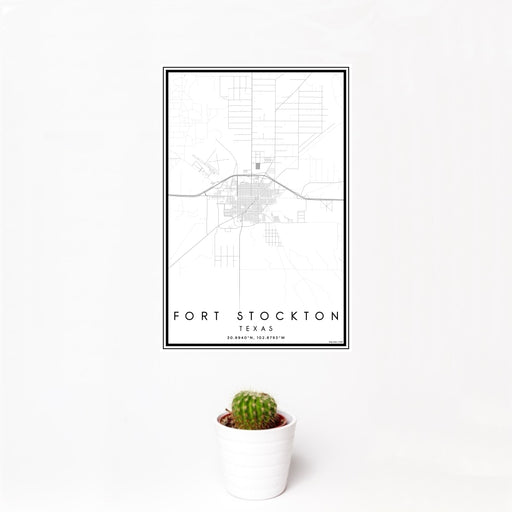 12x18 Fort Stockton Texas Map Print Portrait Orientation in Classic Style With Small Cactus Plant in White Planter