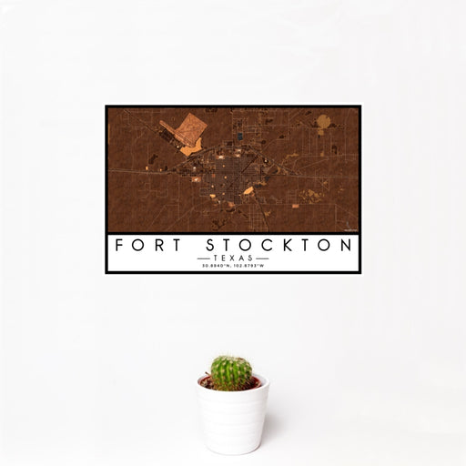 12x18 Fort Stockton Texas Map Print Landscape Orientation in Ember Style With Small Cactus Plant in White Planter