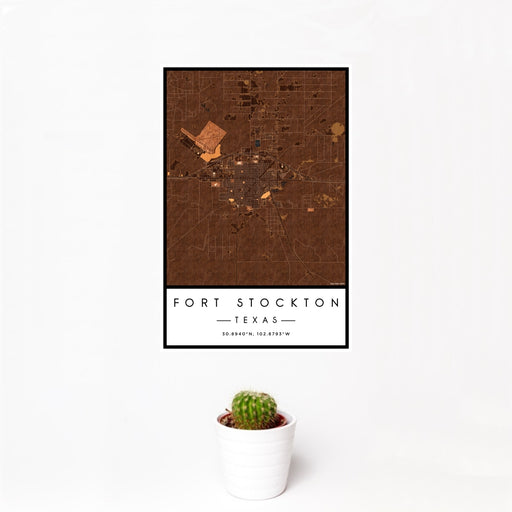 12x18 Fort Stockton Texas Map Print Portrait Orientation in Ember Style With Small Cactus Plant in White Planter