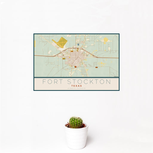 12x18 Fort Stockton Texas Map Print Landscape Orientation in Woodblock Style With Small Cactus Plant in White Planter