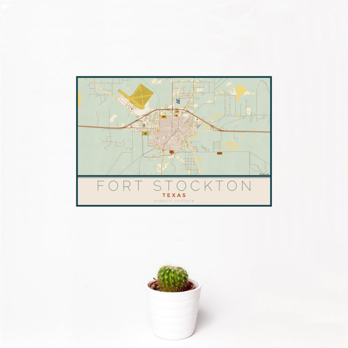 12x18 Fort Stockton Texas Map Print Landscape Orientation in Woodblock Style With Small Cactus Plant in White Planter