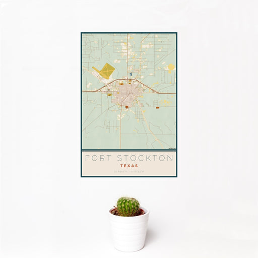 12x18 Fort Stockton Texas Map Print Portrait Orientation in Woodblock Style With Small Cactus Plant in White Planter
