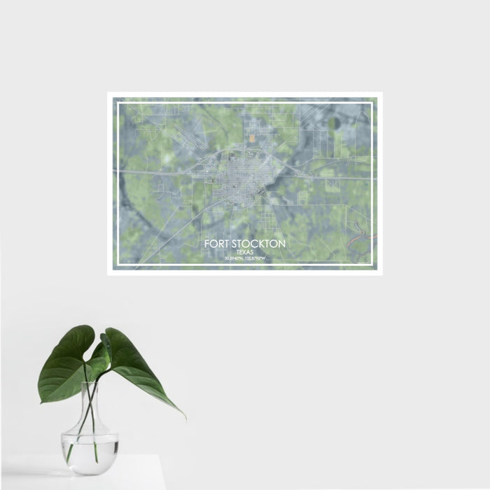 16x24 Fort Stockton Texas Map Print Landscape Orientation in Afternoon Style With Tropical Plant Leaves in Water