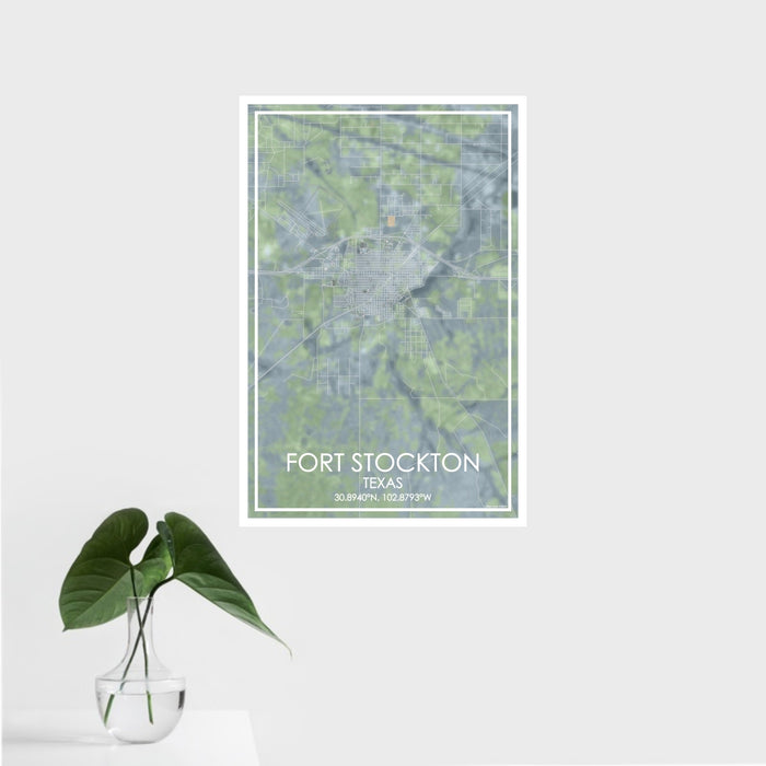 16x24 Fort Stockton Texas Map Print Portrait Orientation in Afternoon Style With Tropical Plant Leaves in Water