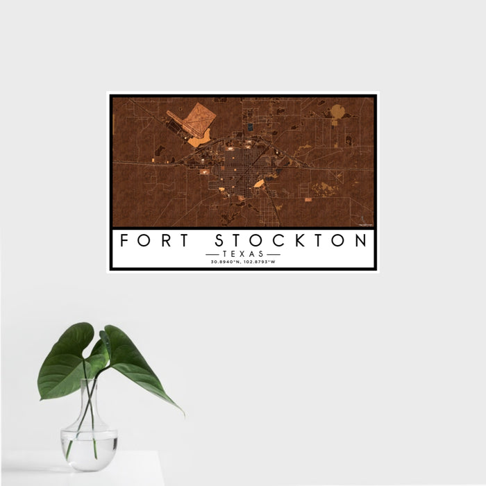 16x24 Fort Stockton Texas Map Print Landscape Orientation in Ember Style With Tropical Plant Leaves in Water