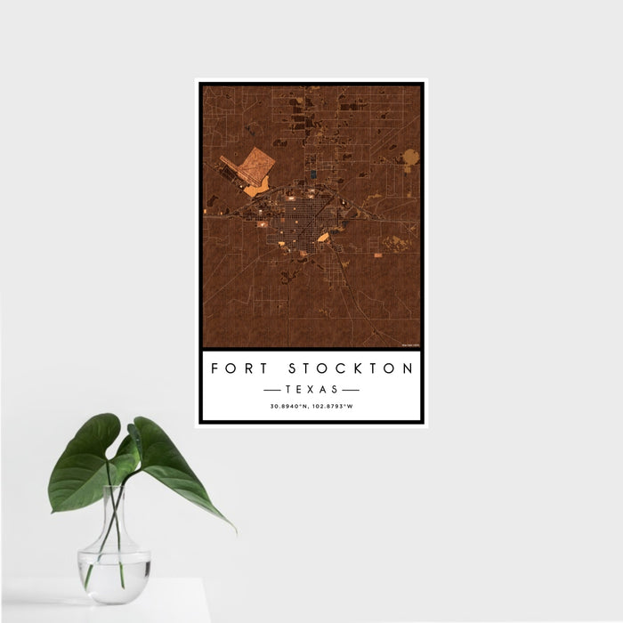 16x24 Fort Stockton Texas Map Print Portrait Orientation in Ember Style With Tropical Plant Leaves in Water