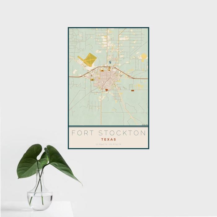 16x24 Fort Stockton Texas Map Print Portrait Orientation in Woodblock Style With Tropical Plant Leaves in Water