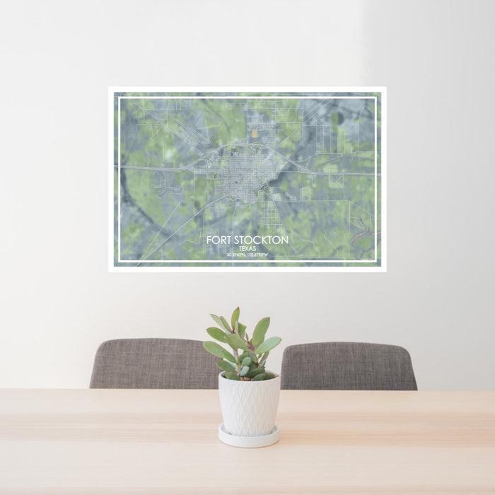24x36 Fort Stockton Texas Map Print Lanscape Orientation in Afternoon Style Behind 2 Chairs Table and Potted Plant