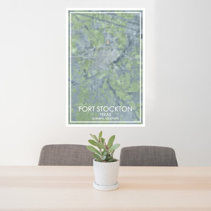 24x36 Fort Stockton Texas Map Print Portrait Orientation in Afternoon Style Behind 2 Chairs Table and Potted Plant
