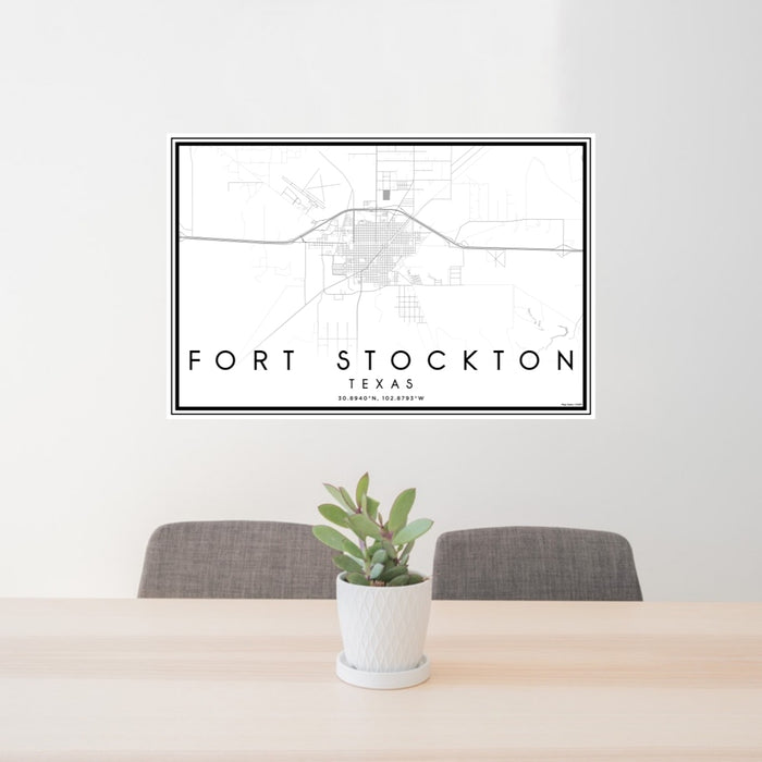 24x36 Fort Stockton Texas Map Print Lanscape Orientation in Classic Style Behind 2 Chairs Table and Potted Plant