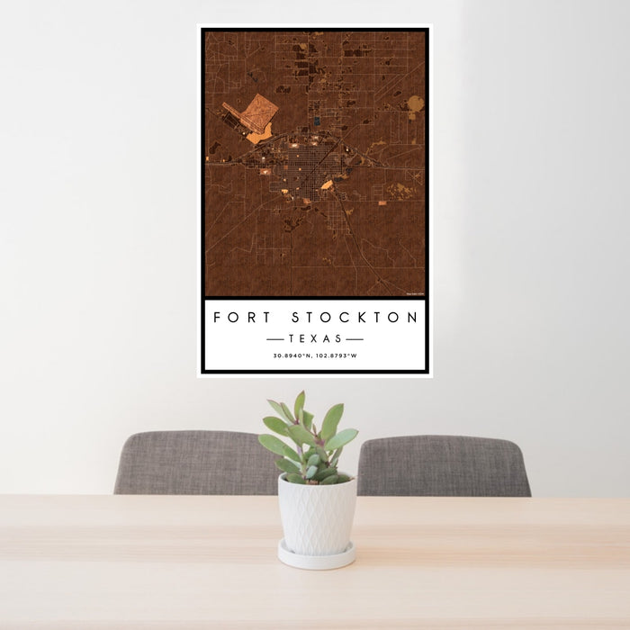 24x36 Fort Stockton Texas Map Print Portrait Orientation in Ember Style Behind 2 Chairs Table and Potted Plant