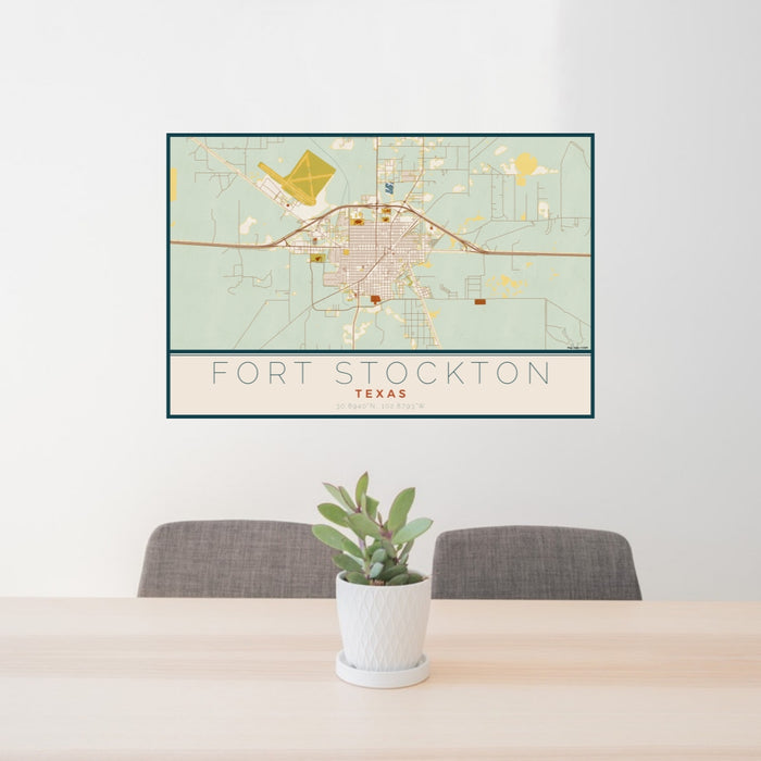 24x36 Fort Stockton Texas Map Print Lanscape Orientation in Woodblock Style Behind 2 Chairs Table and Potted Plant