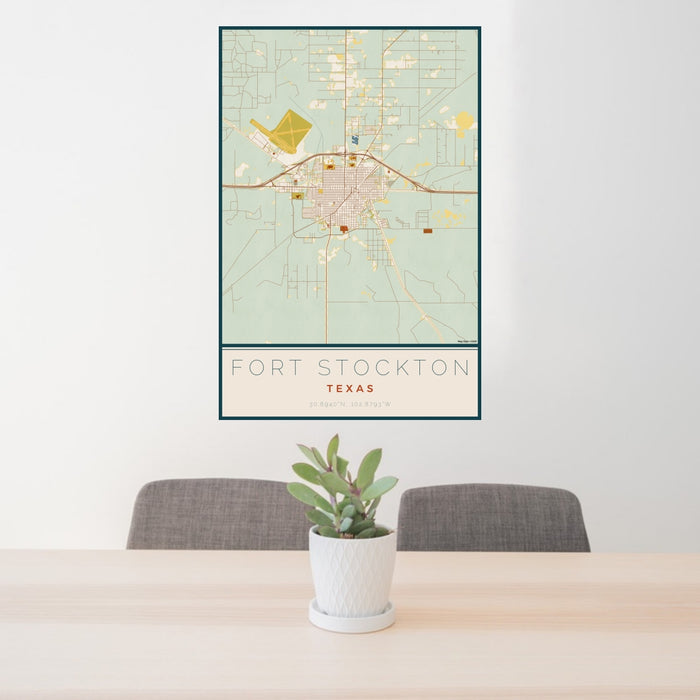 24x36 Fort Stockton Texas Map Print Portrait Orientation in Woodblock Style Behind 2 Chairs Table and Potted Plant