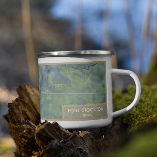 Right View Custom Fort Stockton Texas Map Enamel Mug in Afternoon on Grass With Trees in Background
