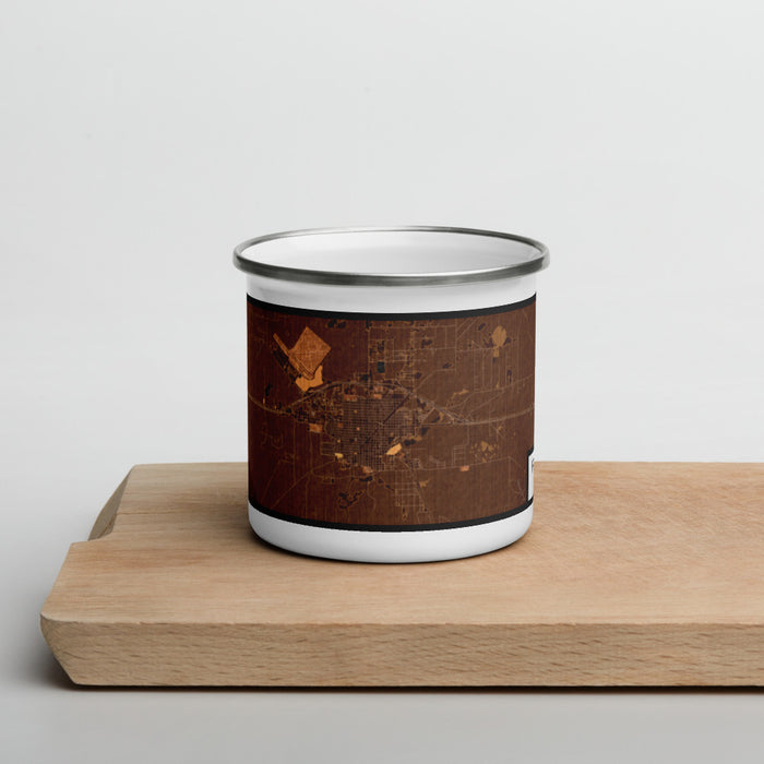 Front View Custom Fort Stockton Texas Map Enamel Mug in Ember on Cutting Board