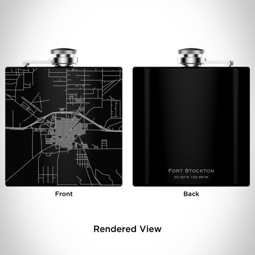 Rendered View of Fort Stockton Texas Map Engraving on 6oz Stainless Steel Flask in Black