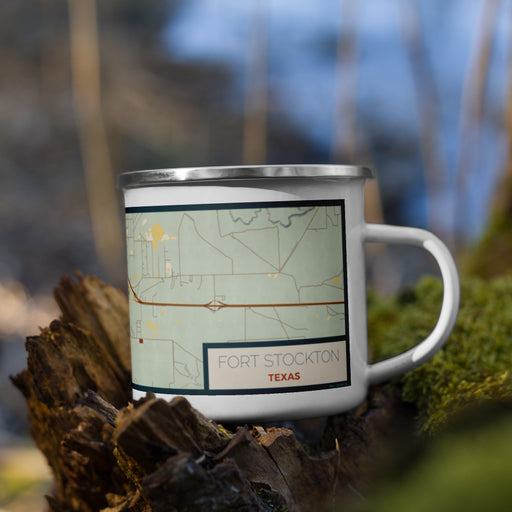 Right View Custom Fort Stockton Texas Map Enamel Mug in Woodblock on Grass With Trees in Background